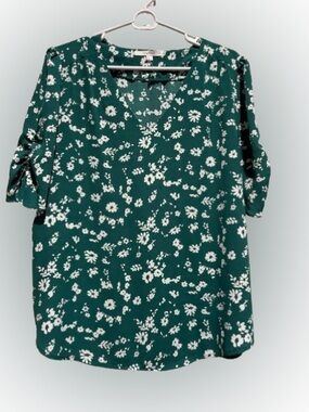 Floral V-Neck Blouse in Teal Green - Women Tops XL